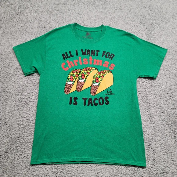 Taco Bell Shirt Mens Large Green All I want For Christmas is Tacos Spellout Logo - Picture 1 of 12